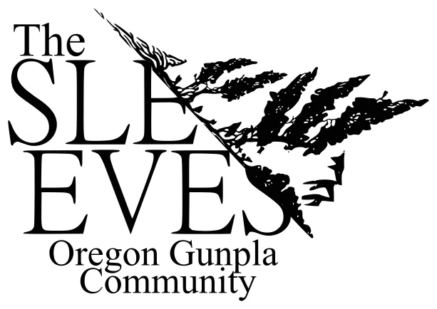Logo for 'The Sleeves - Oregon Gunpla Community' featuring a black fern-like leaf.