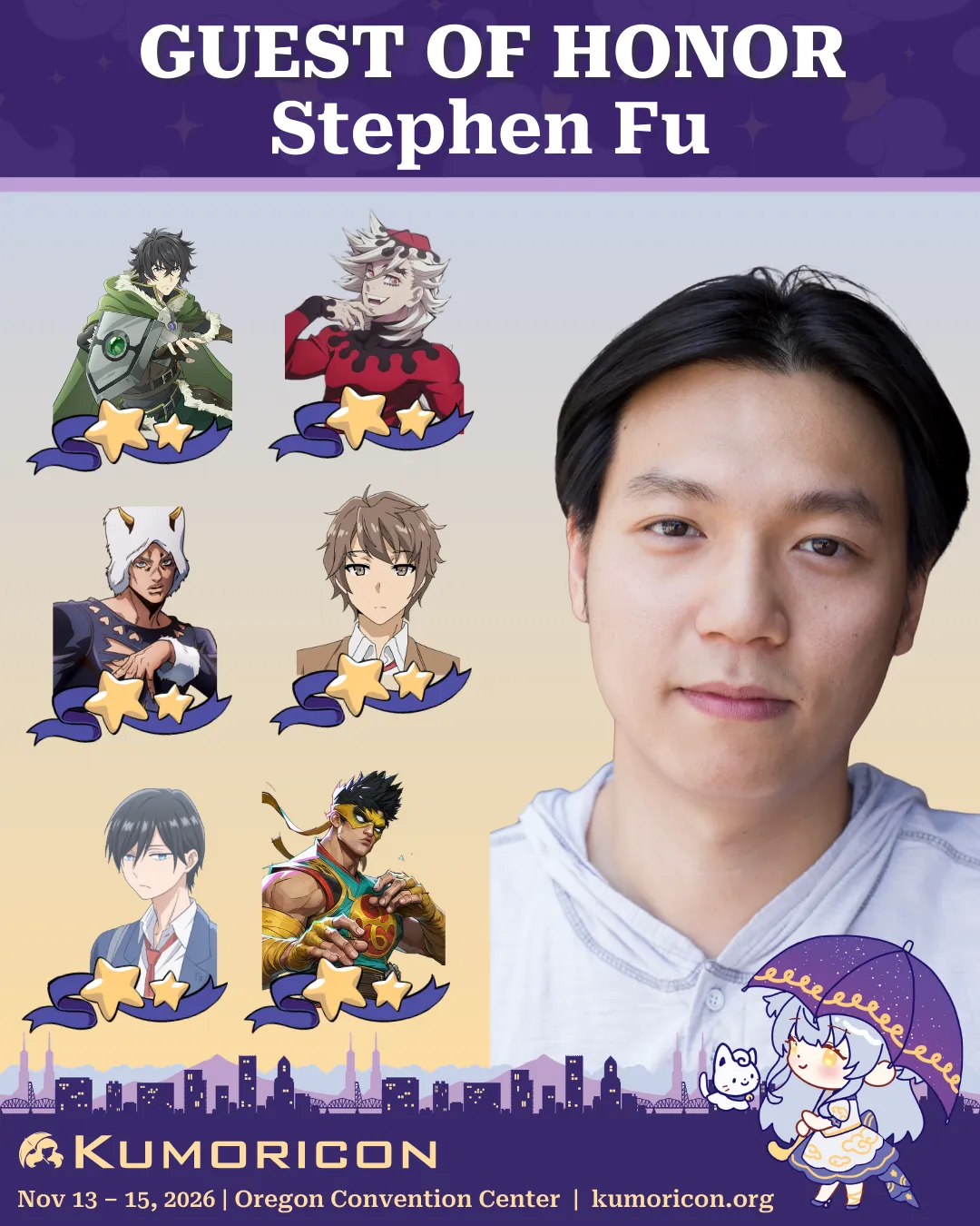 Announcement that says 'Voice actor guest of honor Stephen Fu'