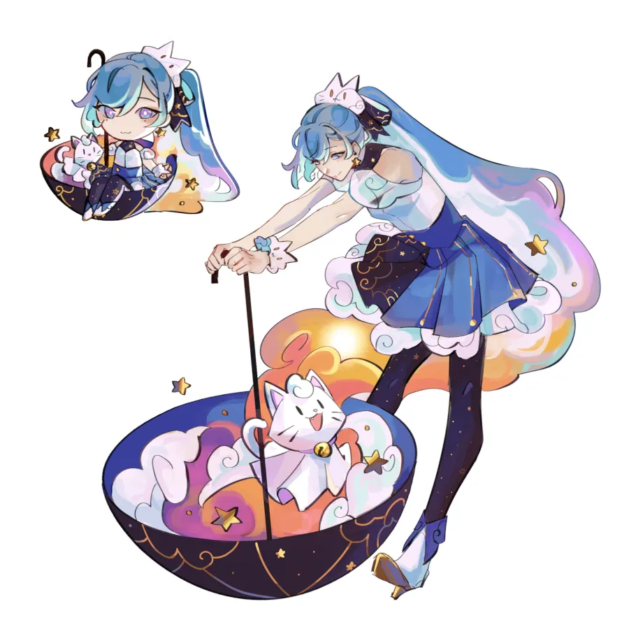 Character design of the 2024 mascot contest winner, a blue-haired girl in a starry dress holding a cosmic-themed umbrella with a white cat inside.