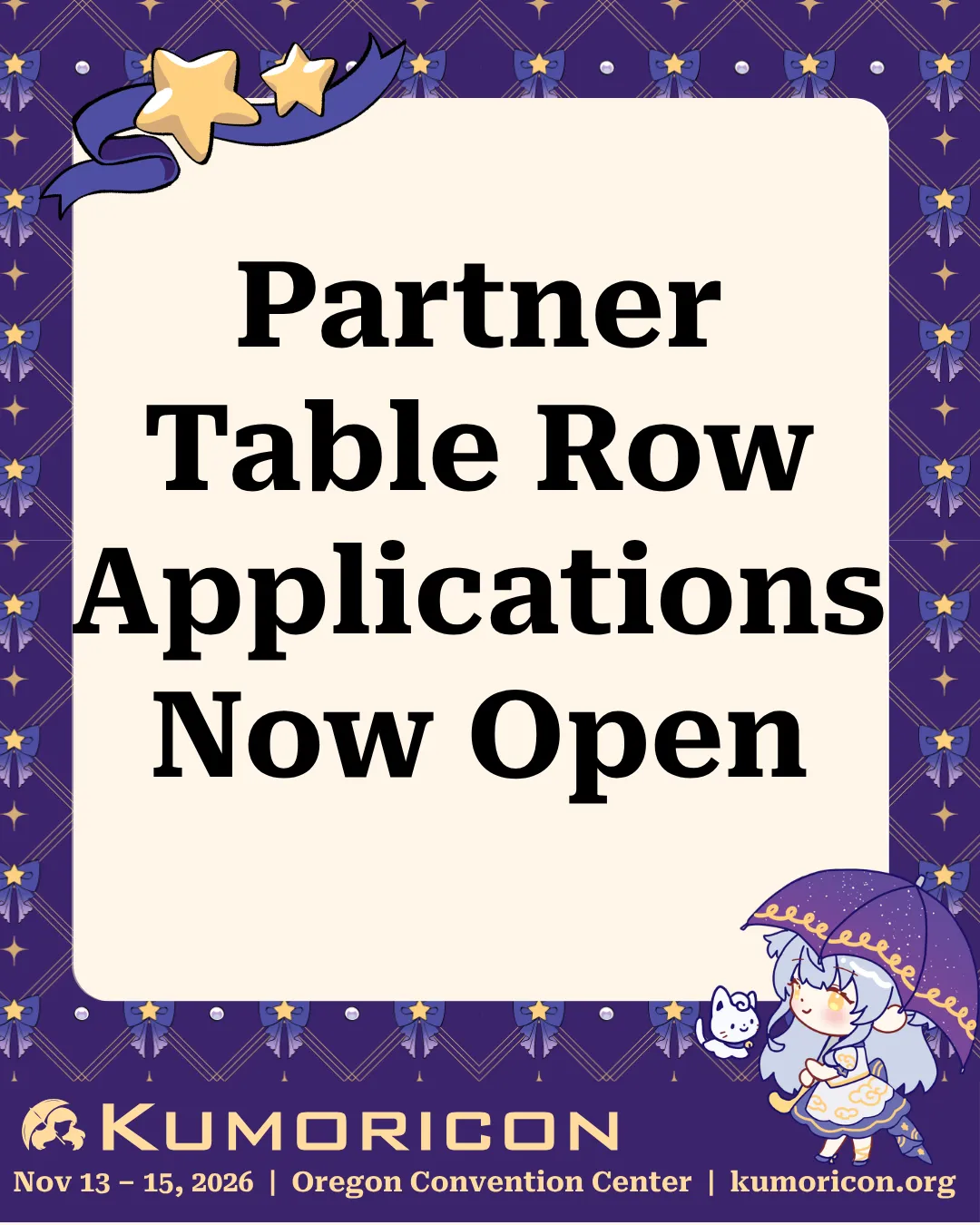 Partner Table Row Applications Now Open Announcement that says 'Partner Table Row Applications Now Open'