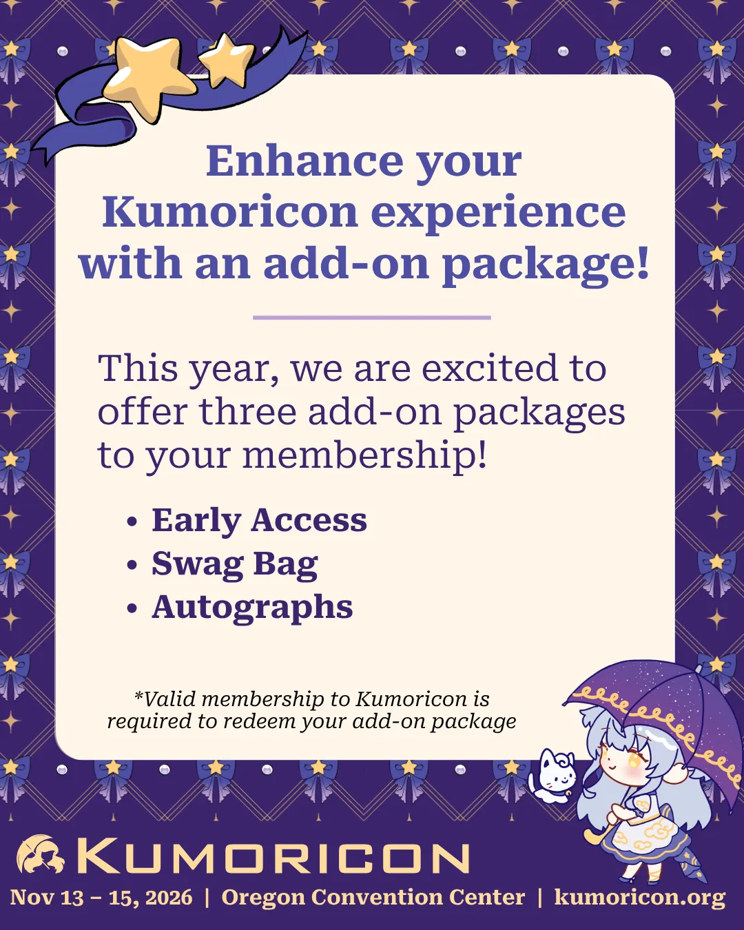 Enhance your kumoricon experience with an add-on packages Announcement that says 'Enhance your experience with add-on packages'