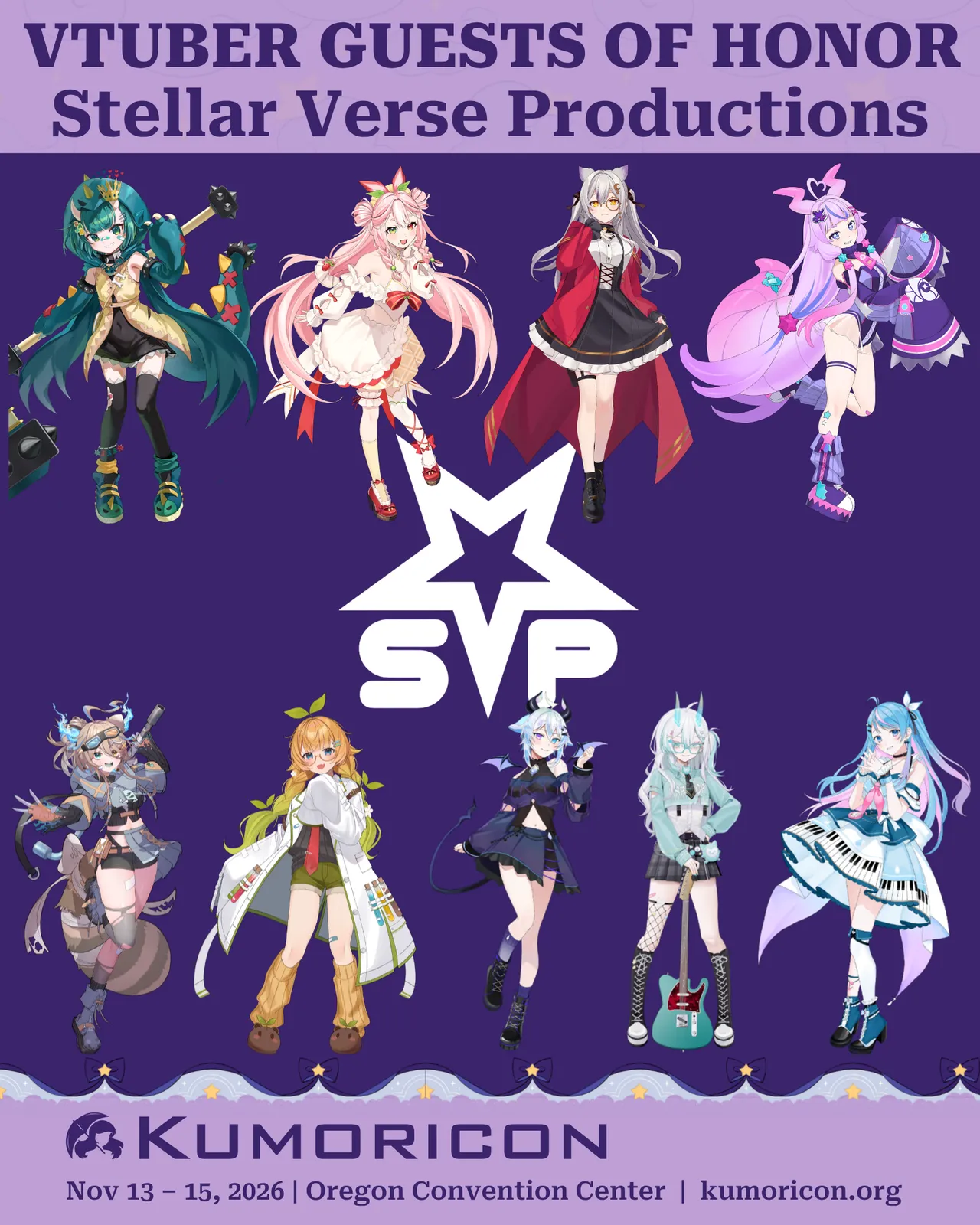 Announcement that says 'VTUBER GUESTS OF HONOR Stellar Verse Productions' showing the Stellar Verse roster