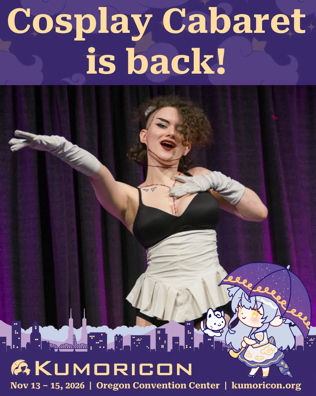 Image of performer with text 'Cosplay Cabaret is Back!'