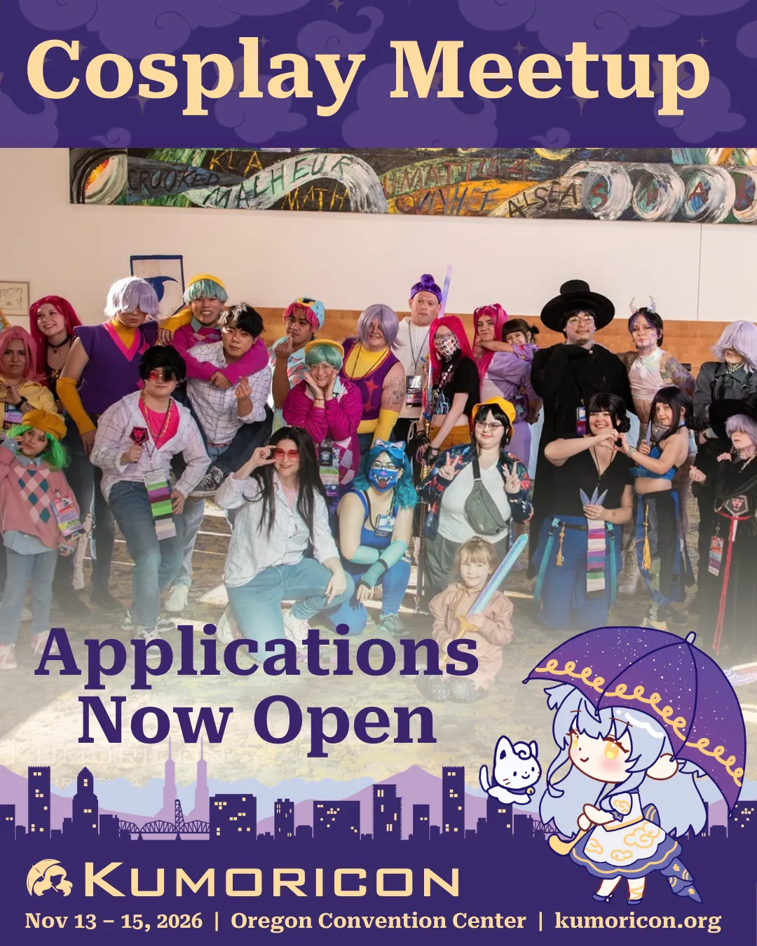 Announcing Cosplay Meetup Announcement featuring a group of cosplayers posing together that says 'Cosplay Meetup Applications Now Open'