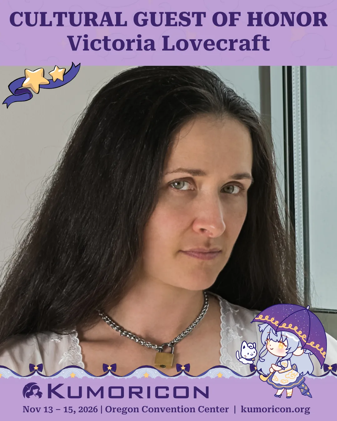 Announcement that says 'Cultural Guest of Honor Victoria Lovecraft'