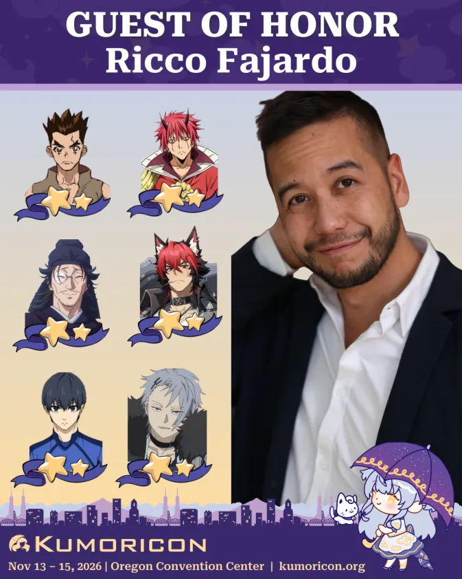 Announcement that ssays 'GUEST OF HONOR Ricco Fajardo' and features a picture of Ricco Fajardo and 6 characters he has voiced. From left to right, top to bottom, they are Taiju Oki from Dr. Stone, Benimaru from That Time I Got Reincarnated as a Slime, Lakan from The Apothecary Diaries, Komano Manato from Zenless Zone Zero, Isagi from Blue Lock, and Wirbel from Frieren: Beyond Journey's End.