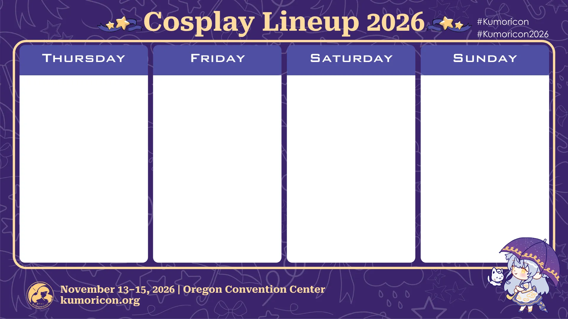 Cosplay frame template for Thursday–Sunday, 16×9 aspect ratio