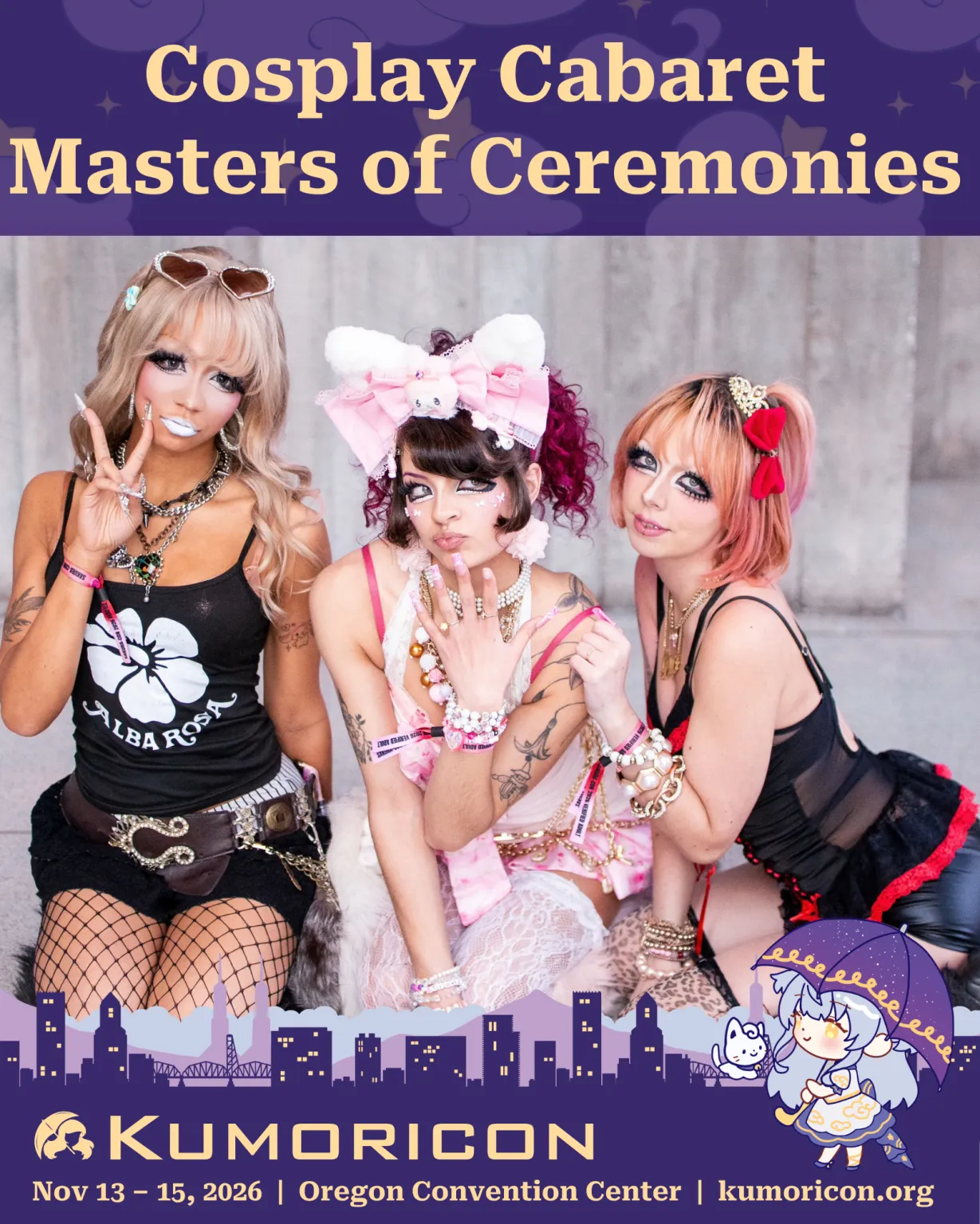 Announcement that says 'Cosplay Cabaret Masters of ceremonies Cherry, Venus, and Dolly'