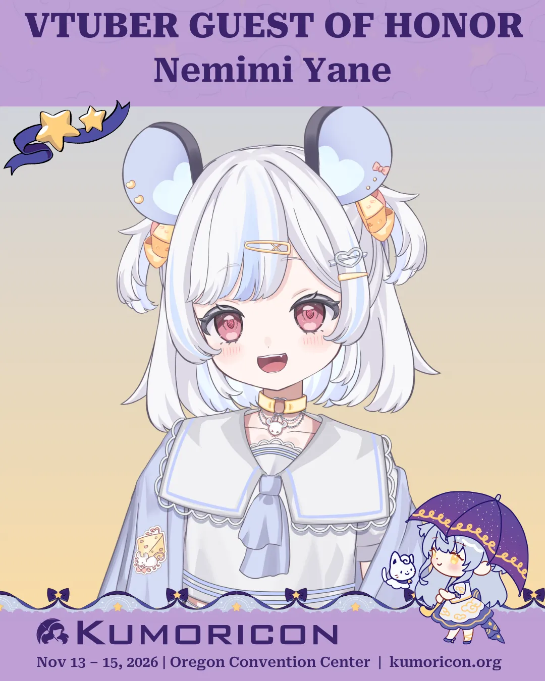 Announcement that says 'VTuber guest of honor Nemimi Yane'