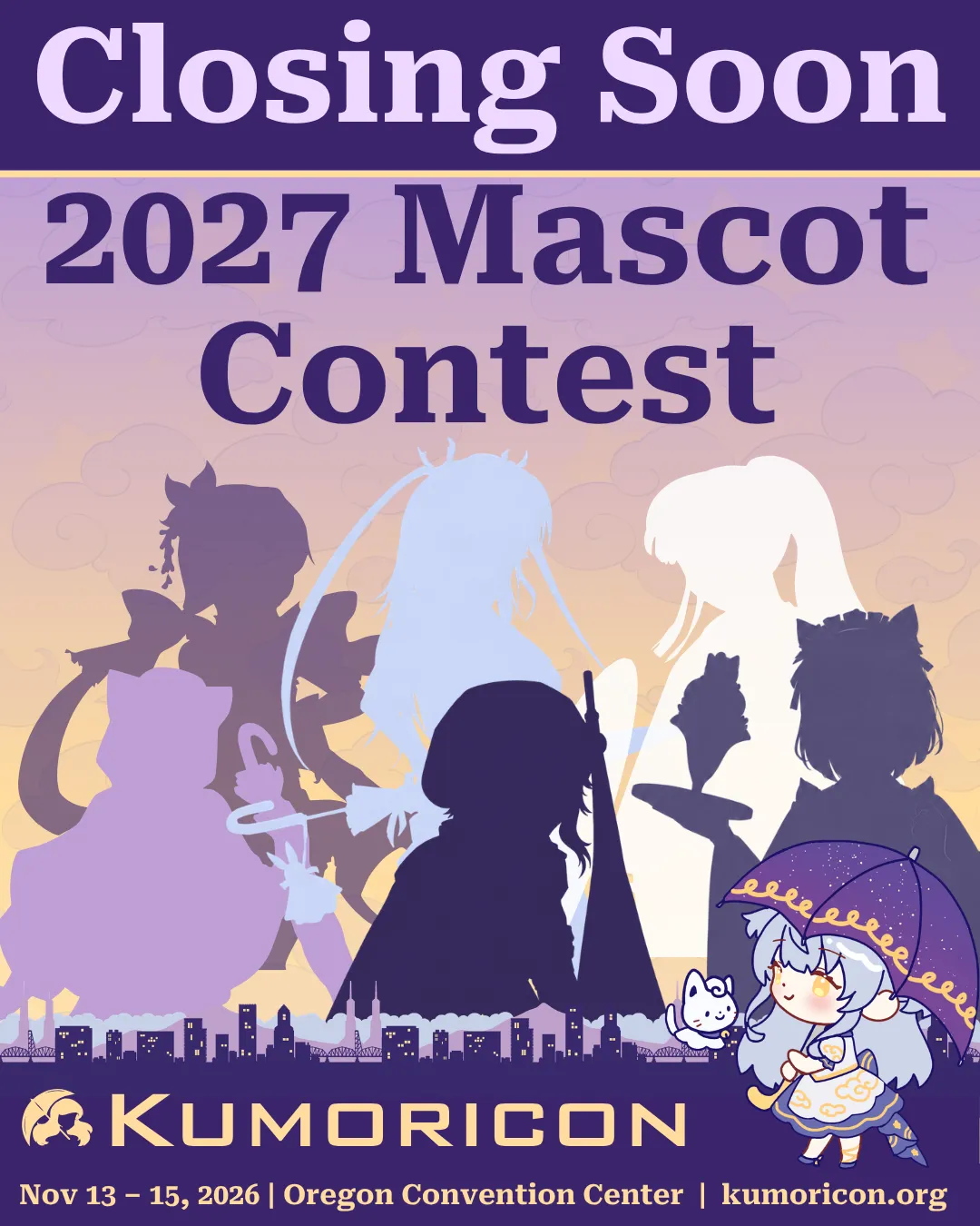 Promotional graphic featuring silhouettes of previous mascots against a cloudy lavender background, with this year's chibi mascot holding a purple umbrella in the bottom right corner. Text reads 'Closing Soon: 2027 Mascot Contest'.