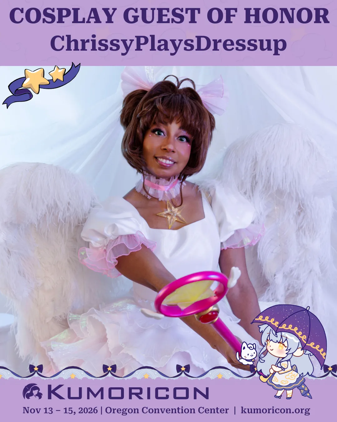 Announcement that says "Cosplay guest of honor Chrissy Plays Dressup"