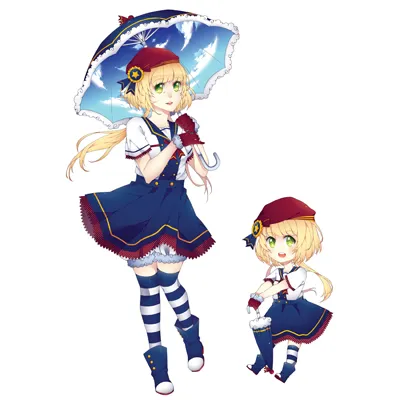 Artwork of the mascot winner featuring a blonde character in a blue and white sailor-style outfit with a matching umbrella, in both full-body and chibi styles.