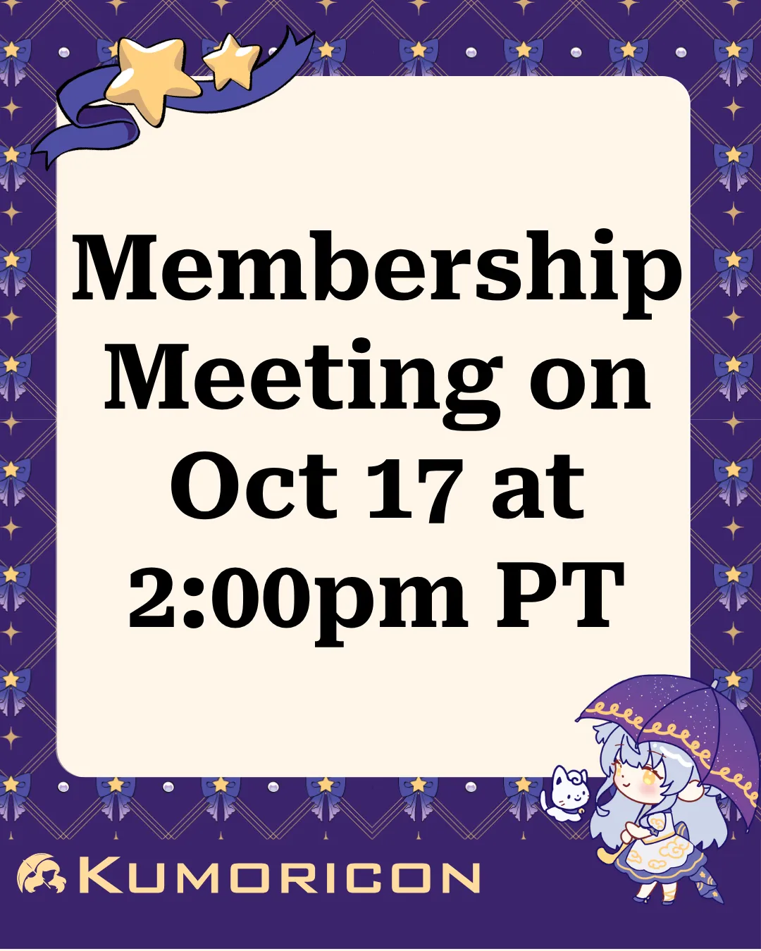 Announcing Membership meeting Oct. 17 at 2pm Announcement that says 'Membership meeting on Oct. 17 at 2pm'