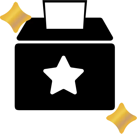 A ballot box with a white star and a slip being inserted, surrounded by gold sparkles.