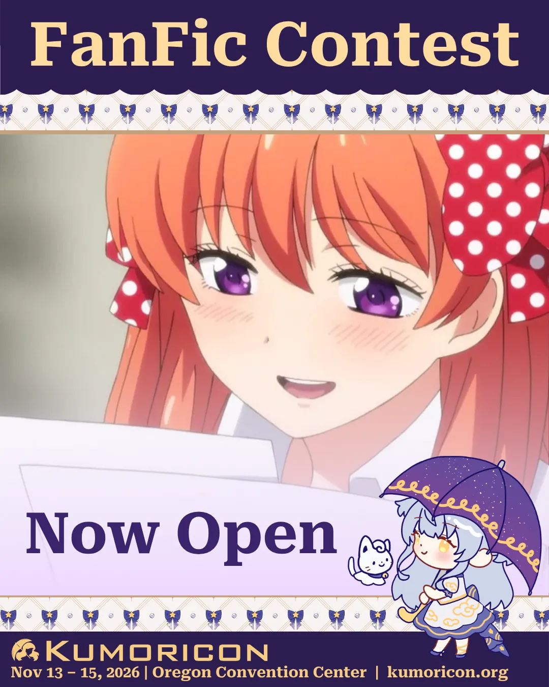 Announcing Fanfic contest Announcement that says 'FanFic contest now open' with an image of Chiyo Sakura from Monthly Girls' Nozaki-kun