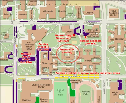 subset of University of Oregon parking map showing meeting building