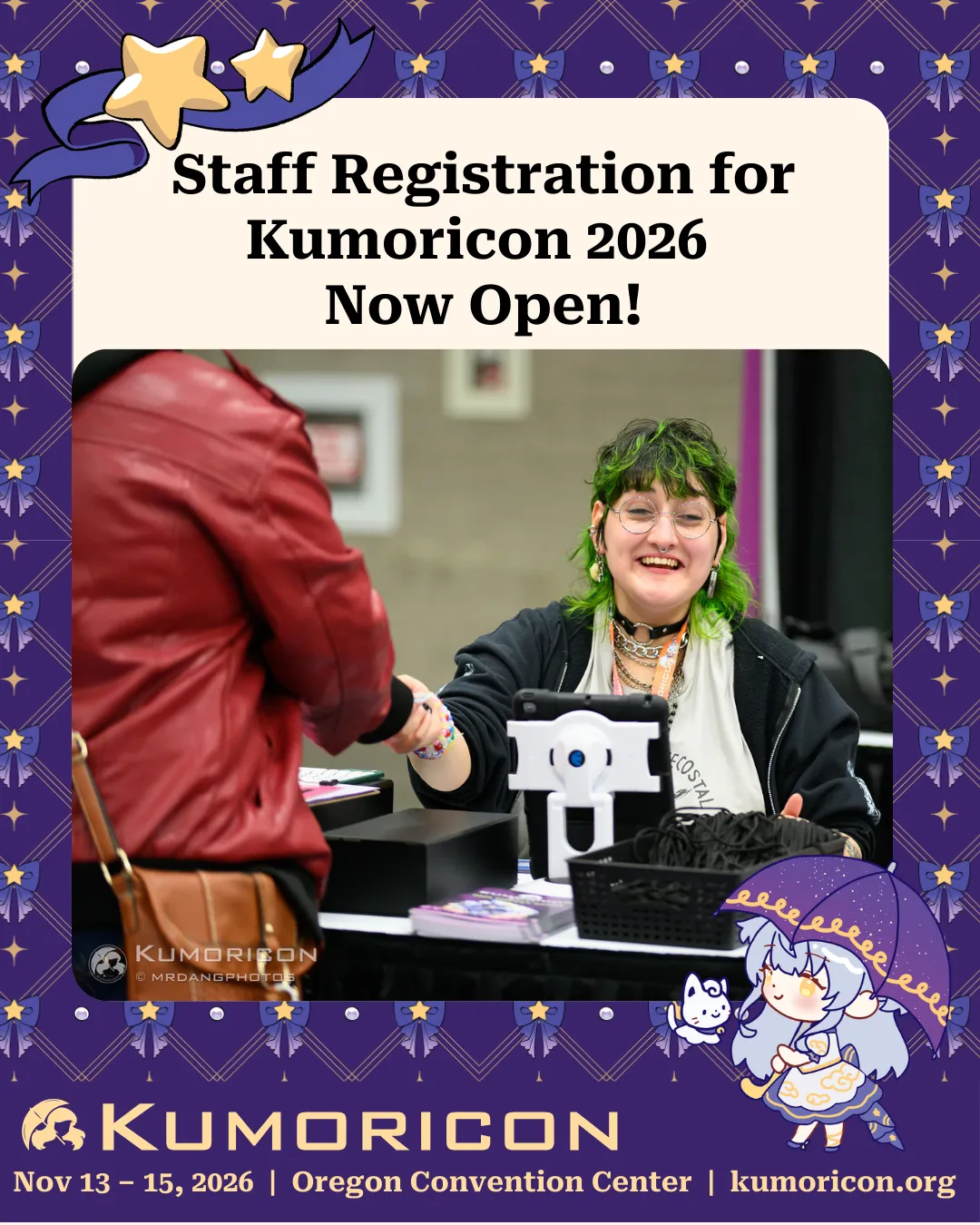 An announcement image that says 'Staff Registration for Kumoricon 2026 Now Open!' and depicts a smiling person with green hair staffing at the merch booth.