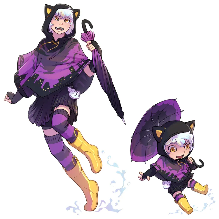 Artwork of the 2019 mascot winner featuring a character with white hair and cat ears wearing a purple and black urban-style outfit, in both full-body and chibi styles.