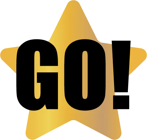 A large black 'GO!' text over a gold star background.