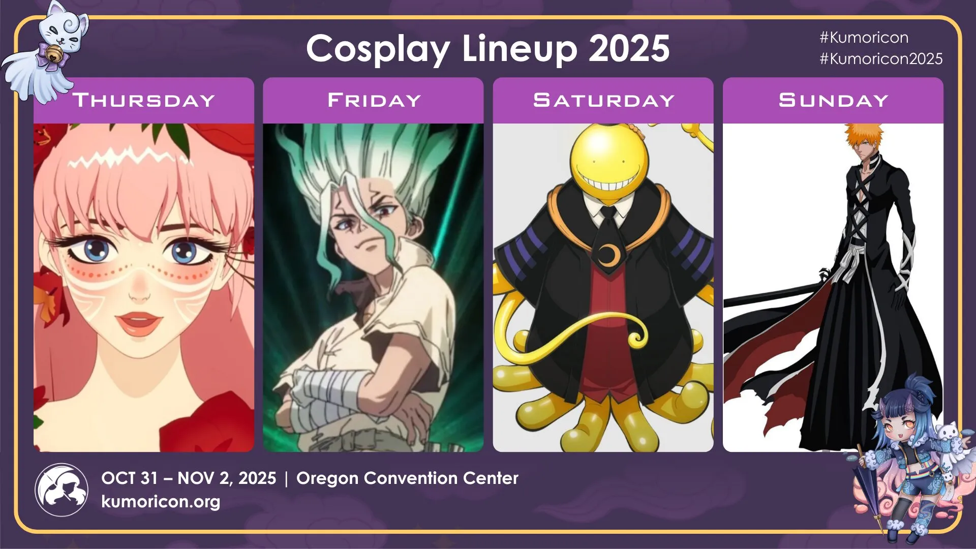 Cosplay frame template for Thursday–Sunday, 16×9 aspect ratio