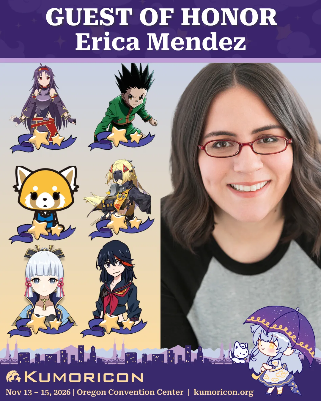 Announcement that says 'Voice Actor guest of honor Erica Mendez'