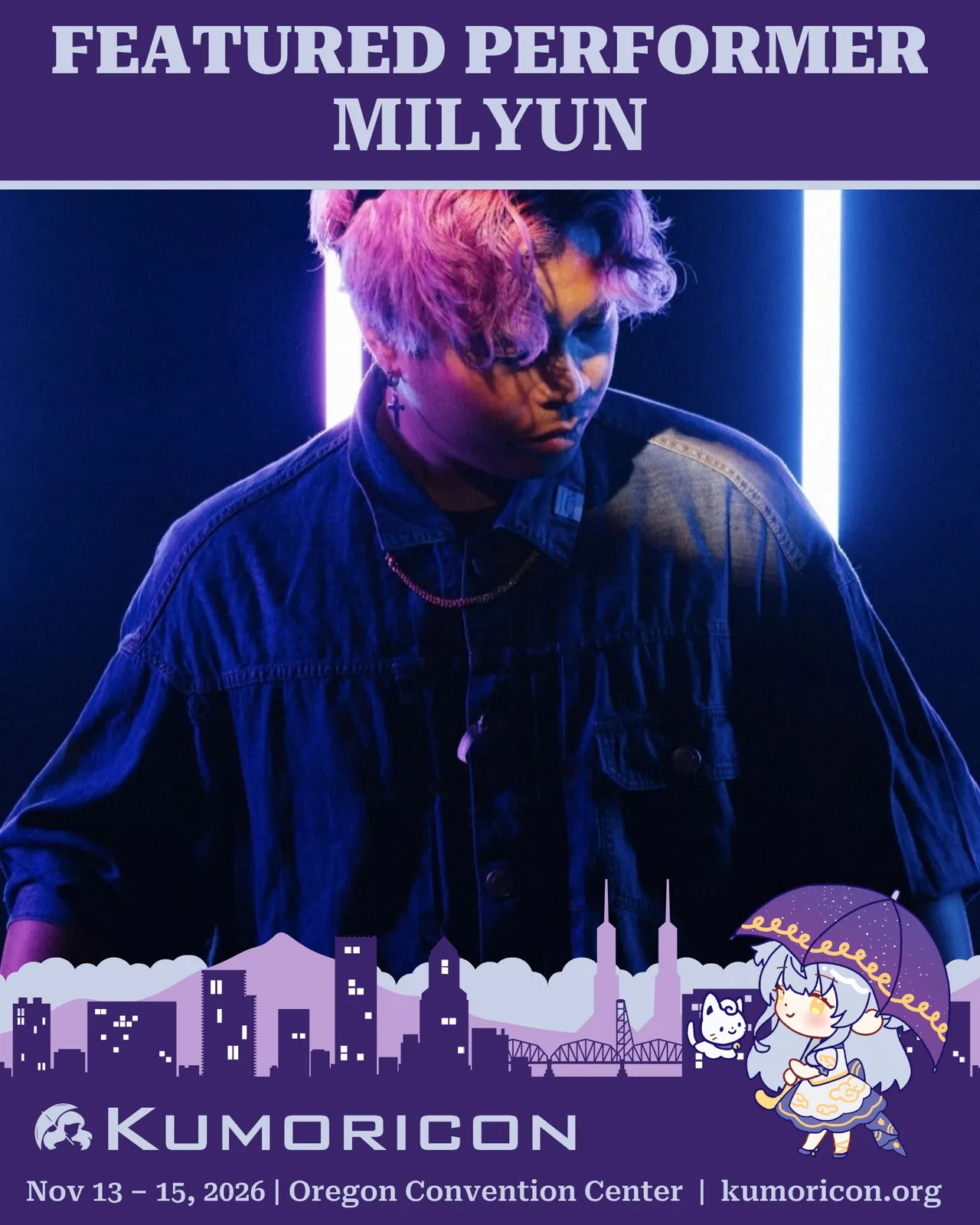 Announcement that says 'Featured Performer MILYUN' with picture of the performer