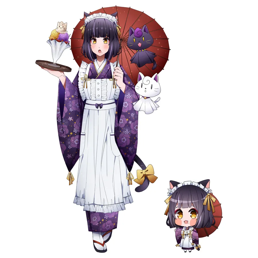 Artwork of the mascot winner, a girl in a purple and white maid-style kimono holding a tray with ice cream, under a red umbrella with a cat.