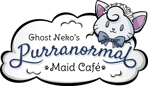 Ghost Neko's Purranormal Maid Café logo featuring a white ghost cat with a maid headband and bow on a cloud.