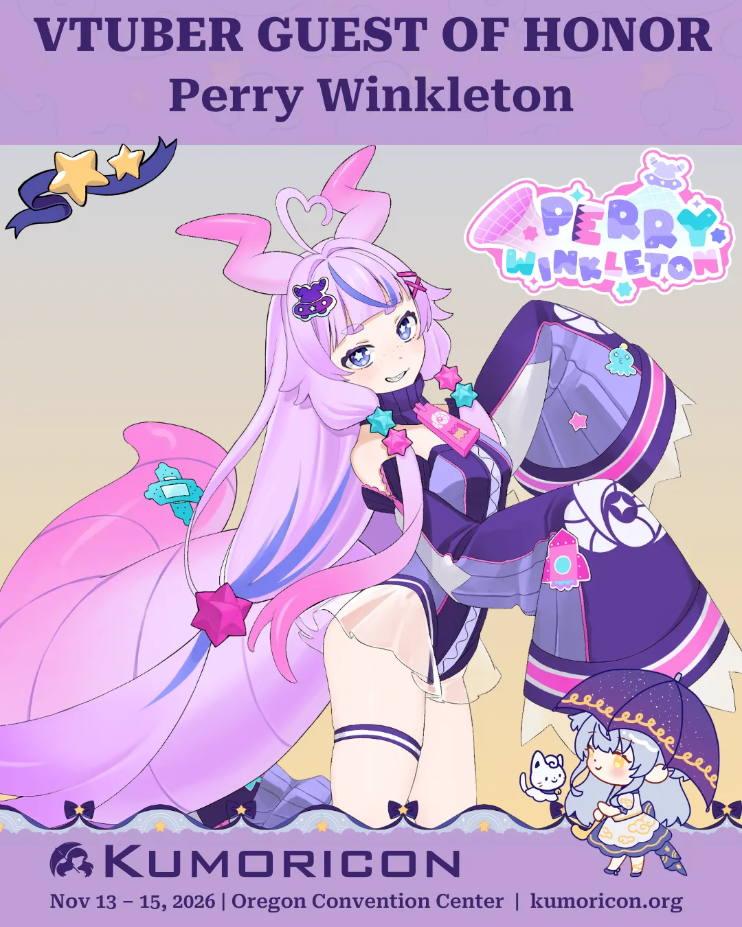 Announcement that says 'VTuber guest of honor Perry Winkleton'
