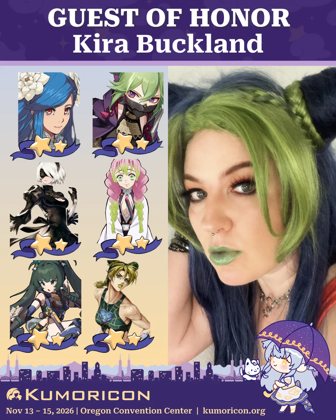 Kumoricon 2026 guest of honor Kira Buckland headshot with images of her voice acted characters