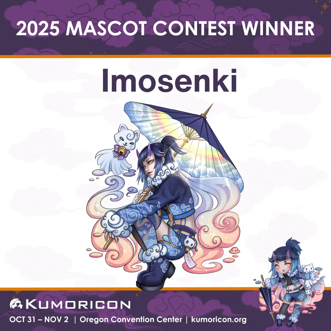 Artwork of the 2025 mascot contest winner, a purple-haired character with a cosmic-themed umbrella and a small white cat.