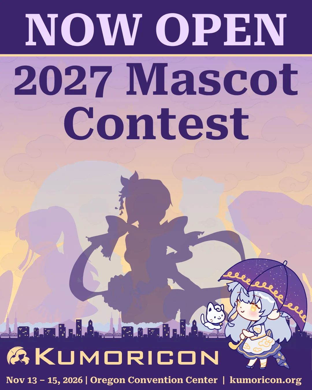Announcement that says 'Now open 2027 Mascot Contest'