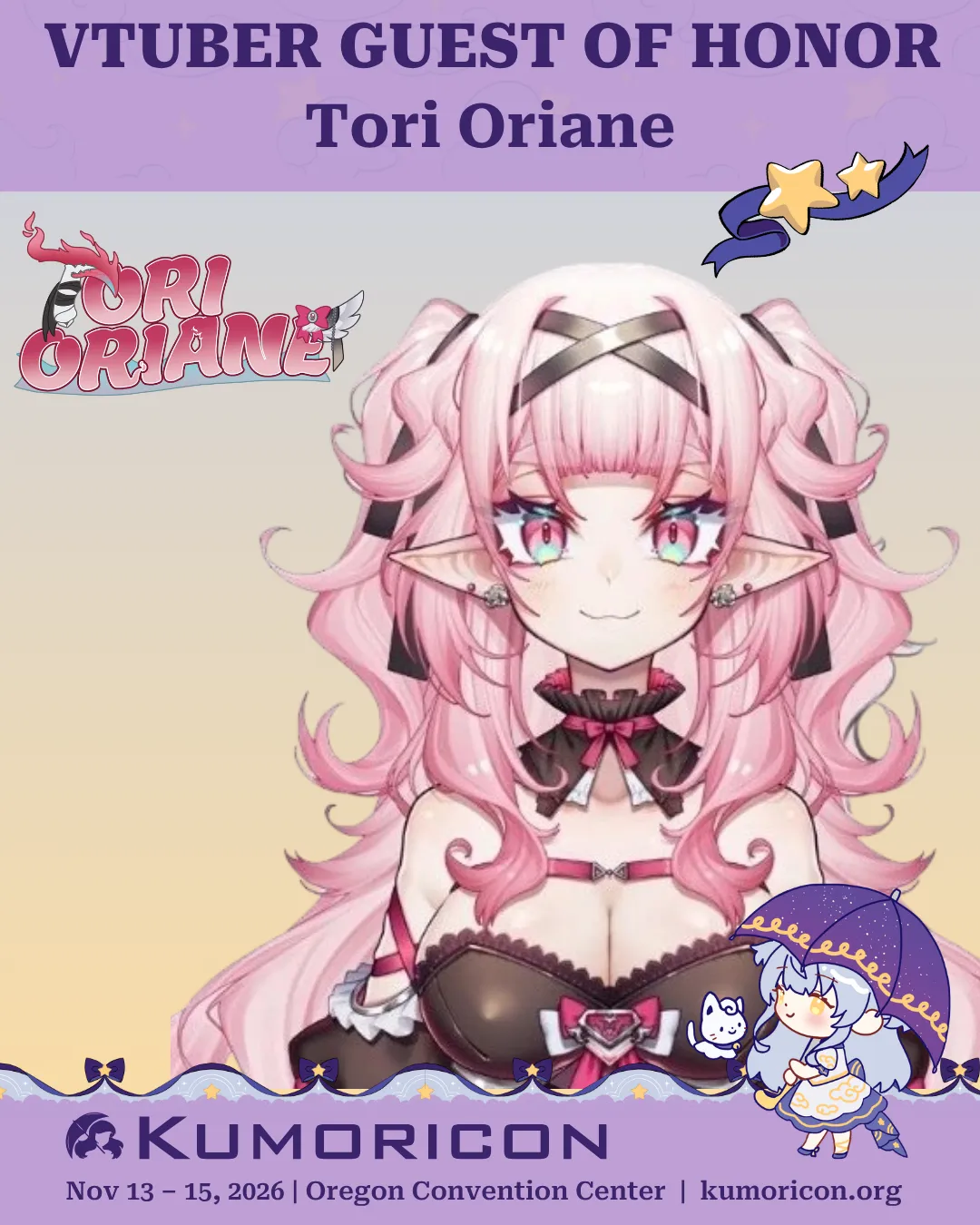 Announcement that says 'VTuber guest of honor Tori Oriane'