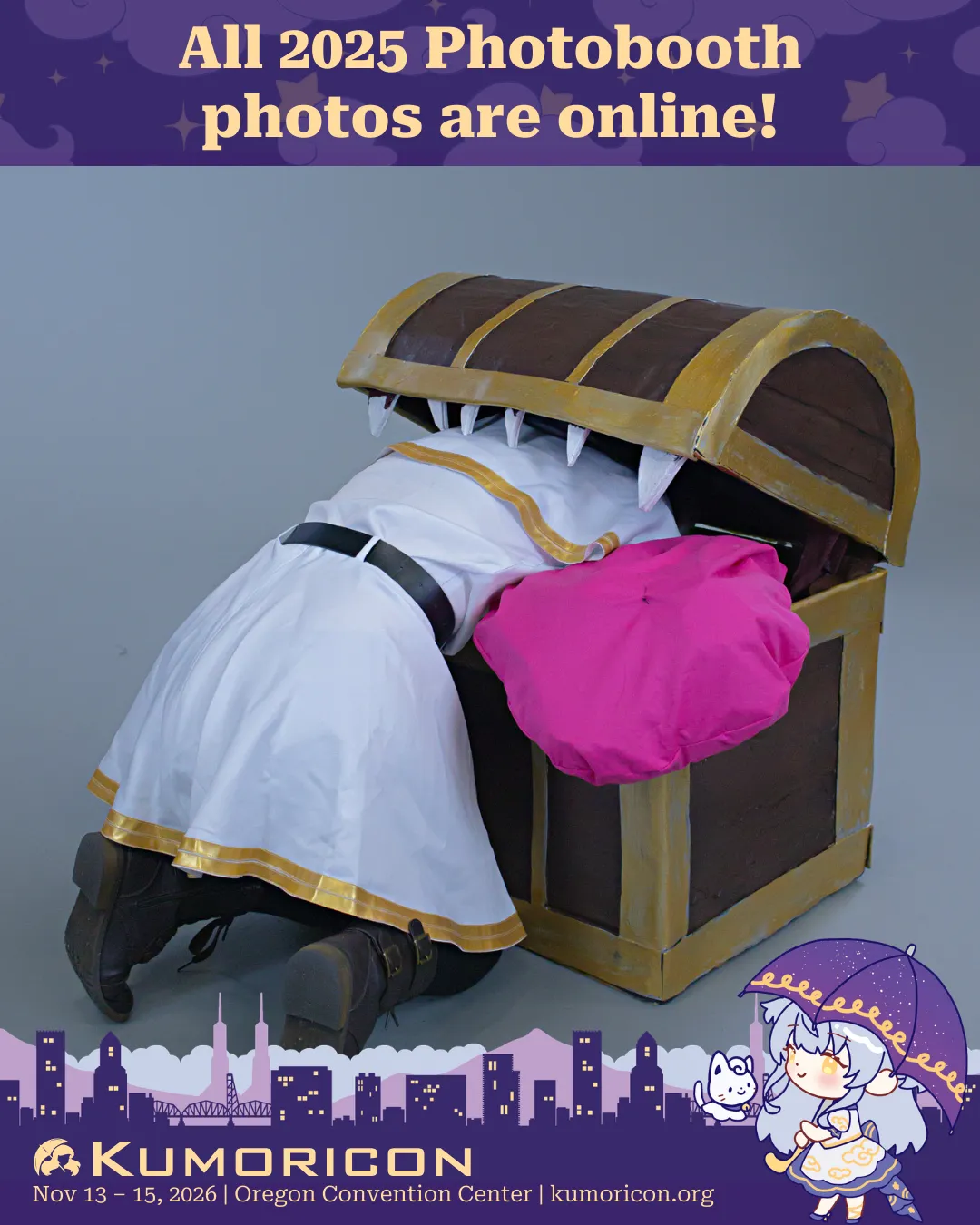 Announcement post that says 'All 2025 Photobooth photos are online!' and includes a photobooth picture of a Frieren cosplayer stuck in a mimic chest.
