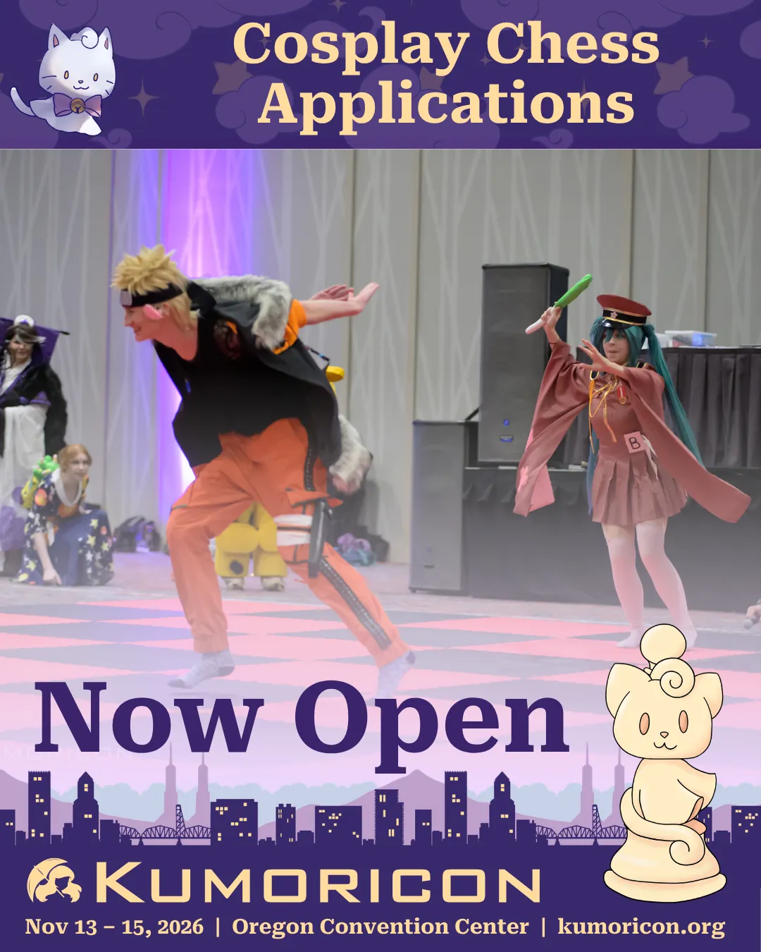 Announcement that says 'Cosplay Chess application now open'