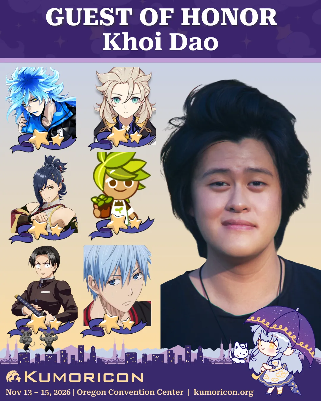Announcement Khoi Dao Announcement that says 'Voice Actor guest of honor Khoi Dao'