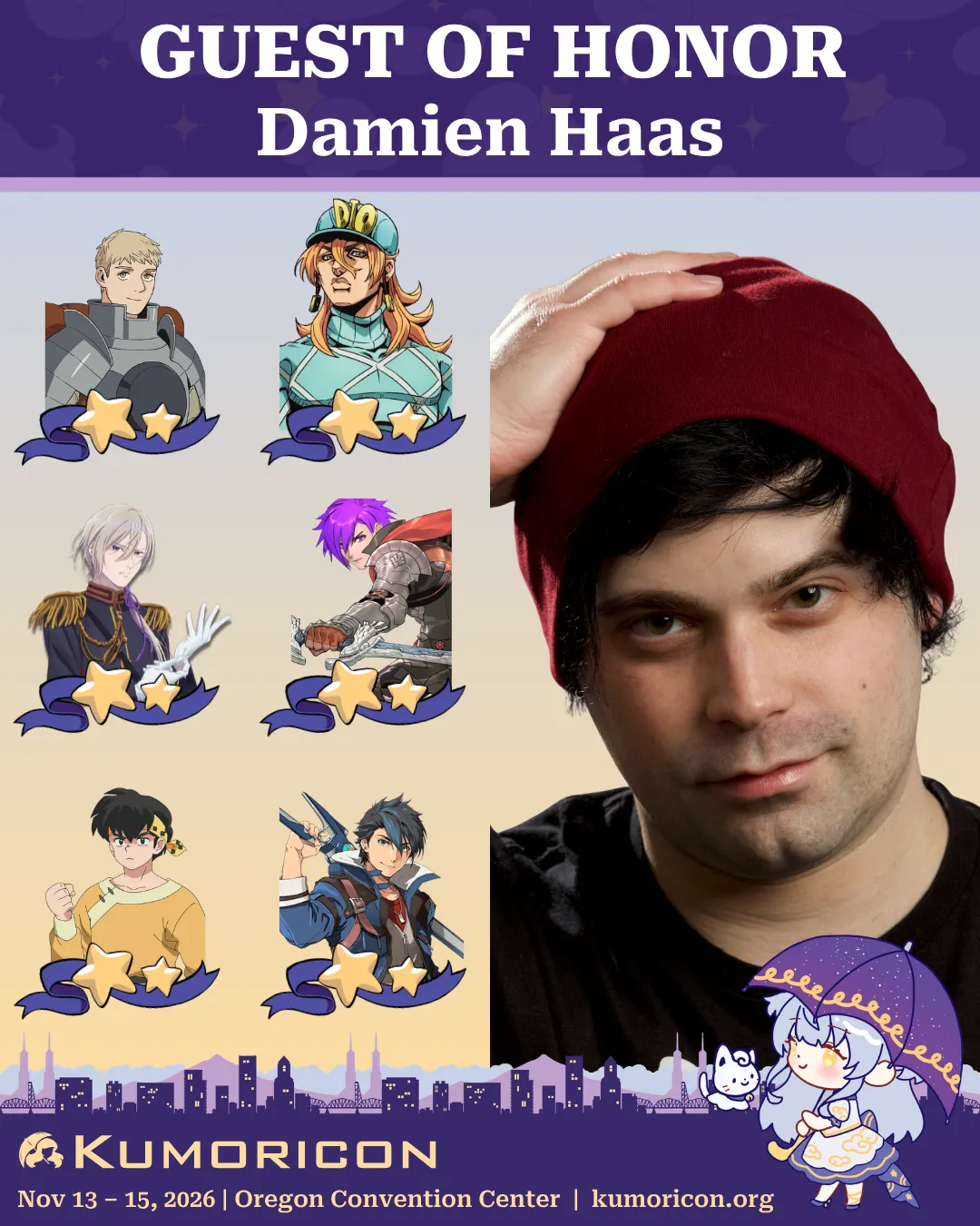 Guest of Honor Damien Haas Announcement that says 'Guest of Honor Damien Haas'