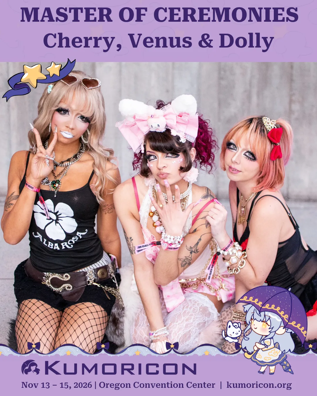 Announcement that says 'Master of ceremonies Cherry, Venus, and Dolly'