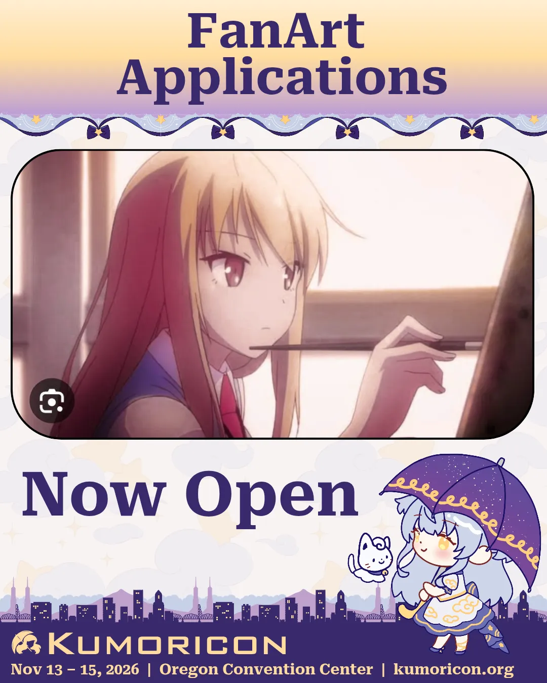 Announcement that says 'Fan art application now open' with an image of Mashiro Shiina from The Pet Girl of Sakurasou