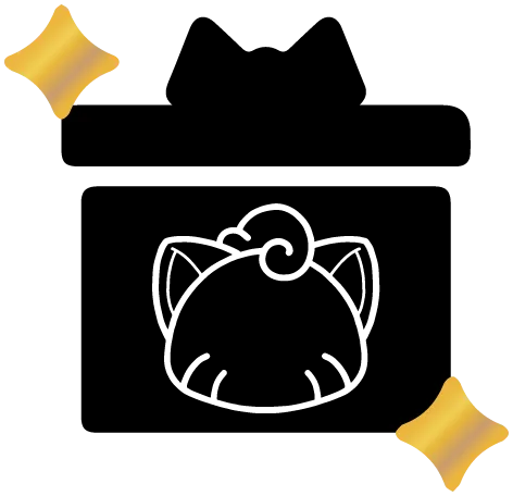 A cat-eared gift box representing VIP membership, surrounded by gold sparkles.