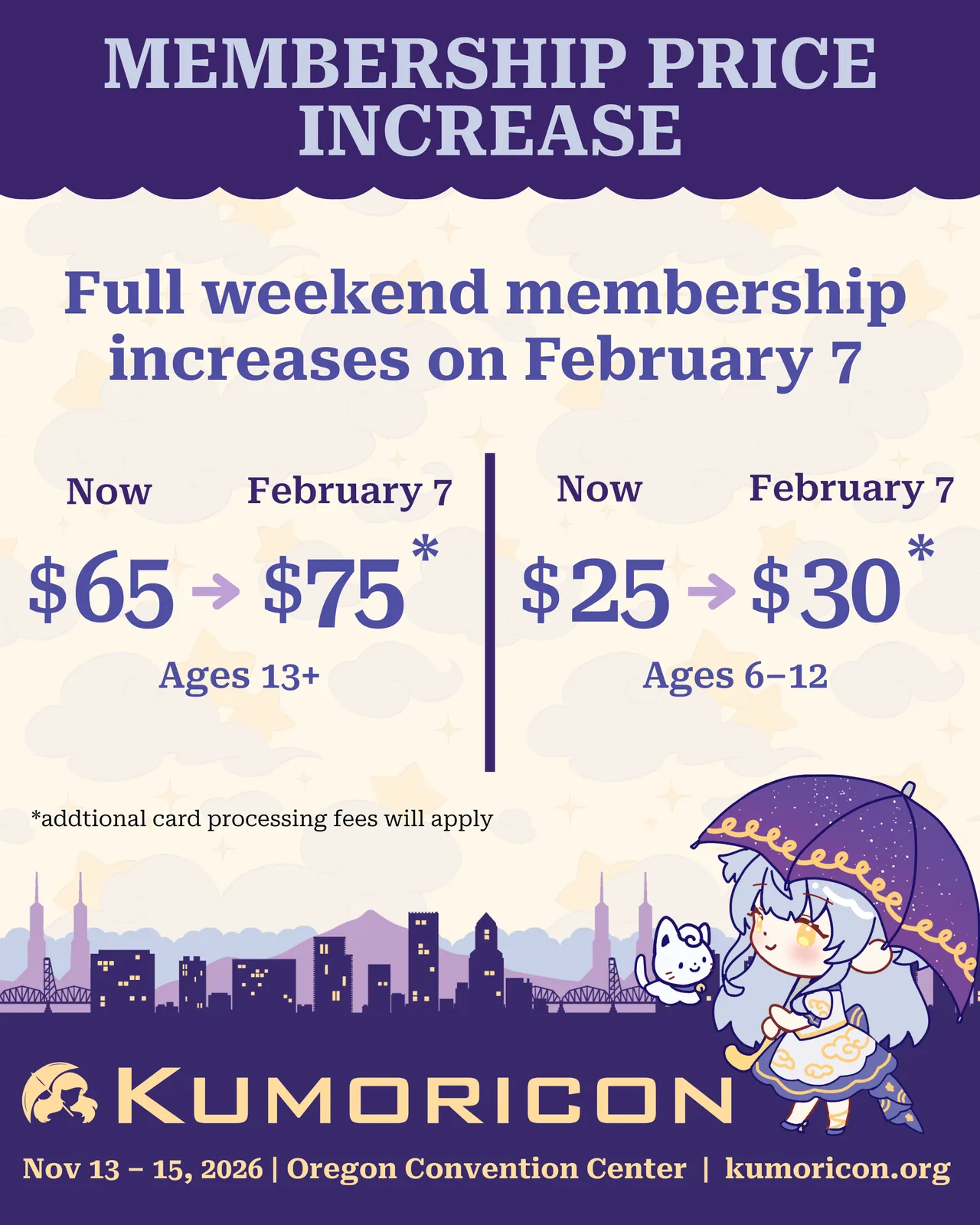 Informational graphic showing membership price increases for Kumoricon 2026 starting February 7.