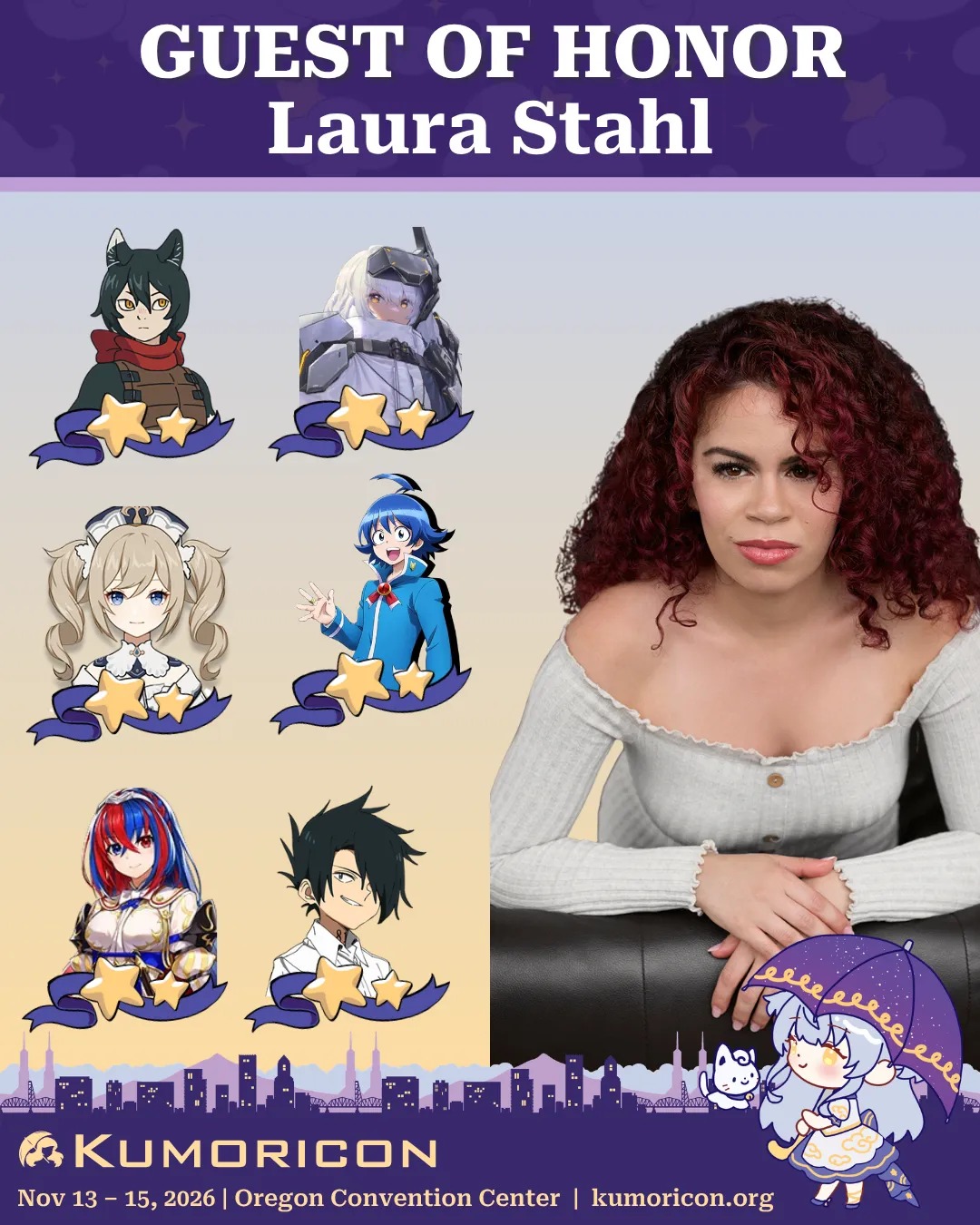 Announcement that says 'Voice Actor guest of honor Laura Stahl'