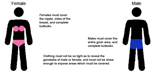 Females must cover the nipple, sides of the breast, and complete buttocks. Males must cover the entire groin area, and complete buttocks. Clothing must not be so tight as to reveal the genitalia of male or female, and must not shear enough to expose areas which must be covered.