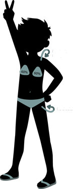 Coverage diagram on the body: Costumes or clothing covers approximately 60% of the breast area. Bare back is okay. Bottom coverage does not expose cheeks. Shoes or sandals are worn.