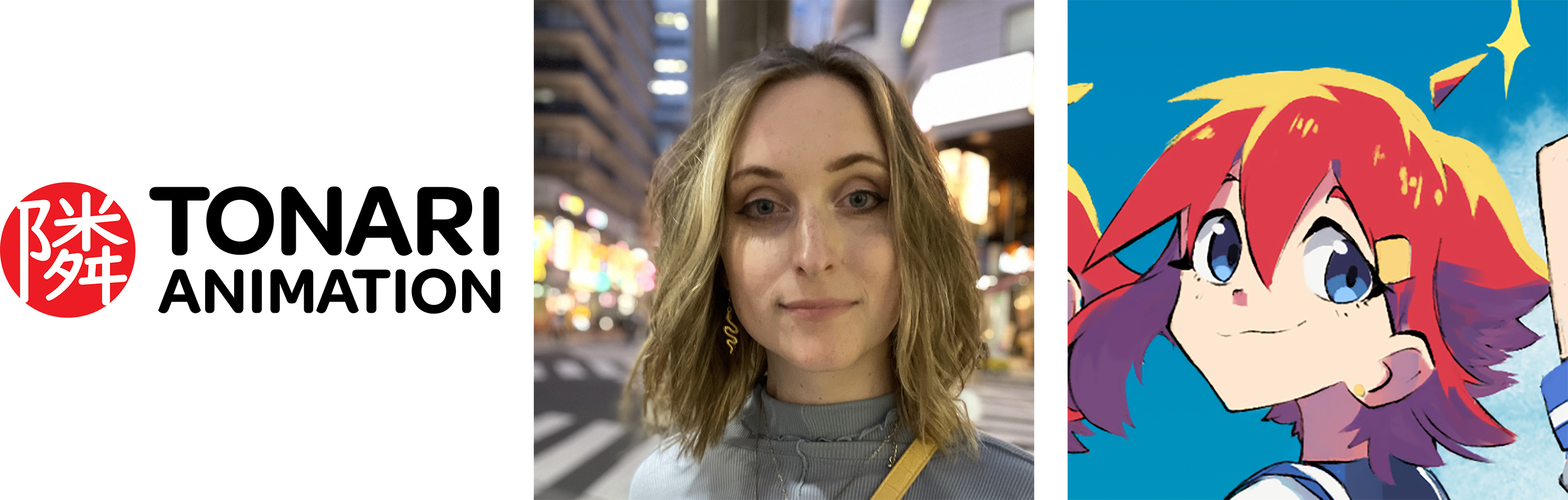 Tonari Animation logo, Bellamy Luna Brooks photo, and Sailor Yon illustration